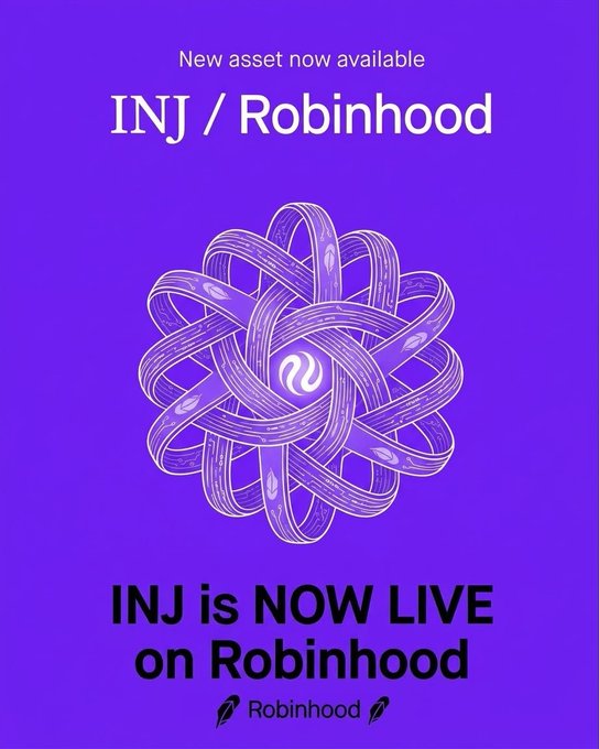 A purple promotional graphic announcing "New asset now available" for "INJ / Robinhood," featuring a complex knot design and the text "INJ is NOW LIVE on Robinhood."