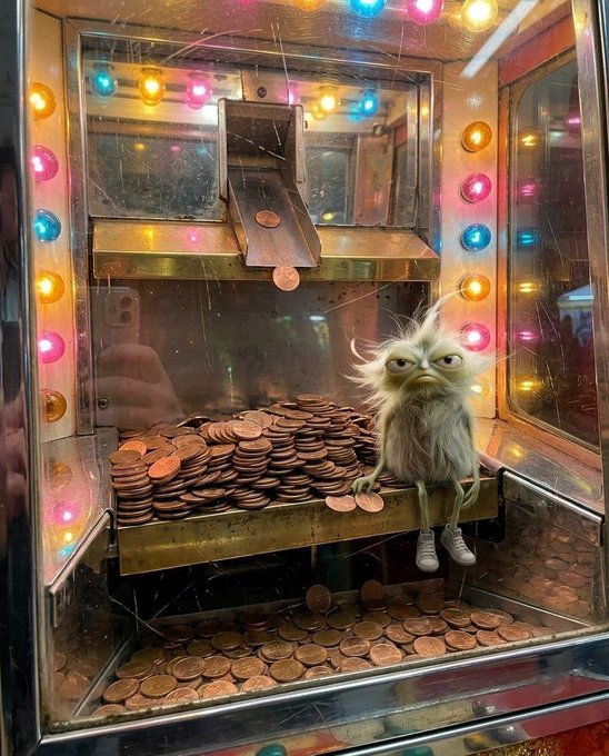 A whimsical illustration or scene of a small, grumpy-looking furry creature wearing sneakers sitting inside an illuminated coin pusher arcade machine, surrounded by piles of pennies.