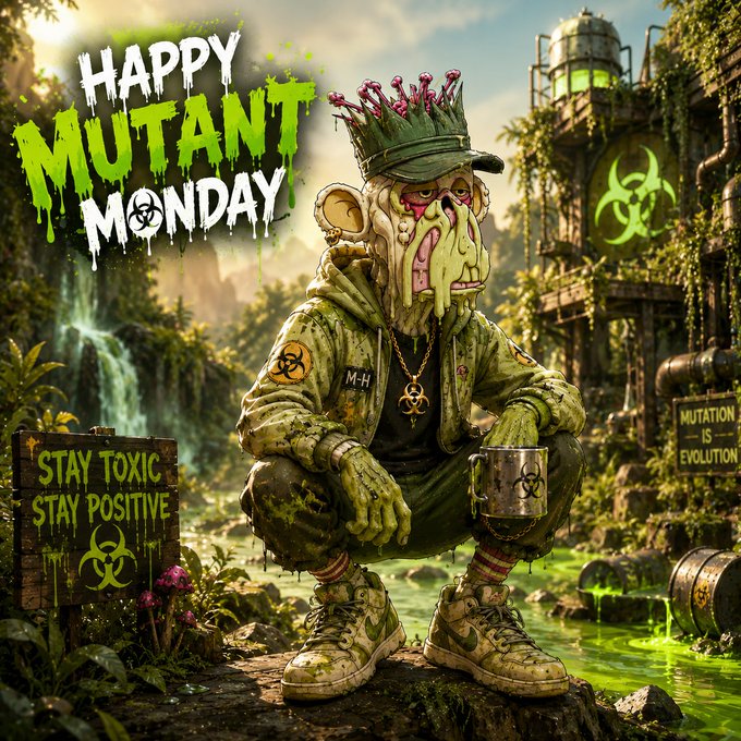 Digital artwork titled 'HAPPY MUTANT MONDAY' showing a zombie-like character in a green hoodie squatting in a toxic swamp with biohazard structures and signs reading 'STAY TOXIC STAY POSITIVE' and 'MUTATION IS EVOLUTION'.