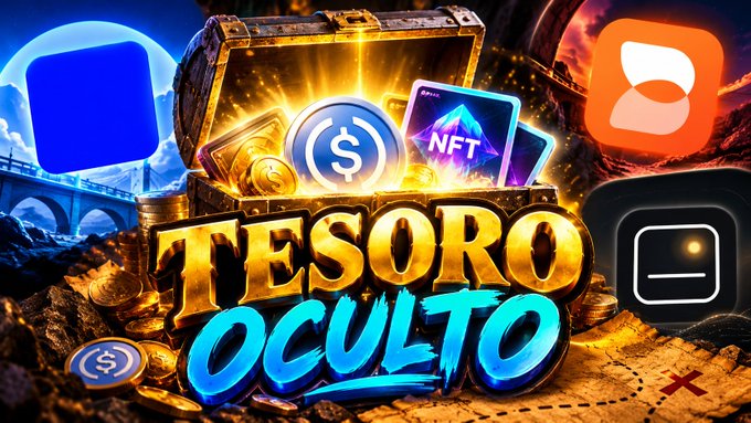 A thumbnail-style graphic titled 'TESORO OCULTO' featuring a treasure chest, gold coins, and icons representing cryptocurrency, NFTs, and various tech platforms.