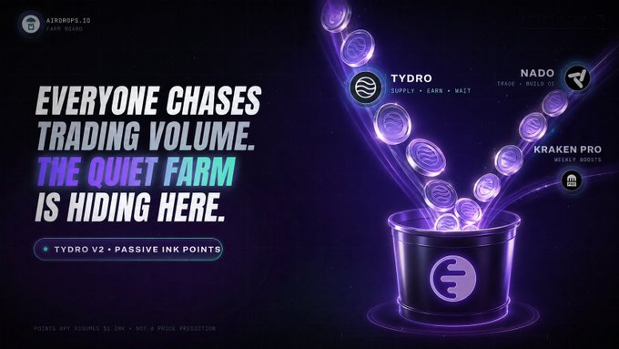 The image is a promotional graphic for "AERODROPS.IO FARM BOARD" featuring a glowing purple pot labeled "TYDRO V2 • PASSIVE INK POINTS" that emits coins with logos for Tydro, Nado, and Kraken Pro. The tagline reads "EVERYONE CHASES TRADING VOLUME. THE QUIET FARM IS HIDING HERE." It highlights Tydro and Nado's roles in the Ink ecosystem, tying into the post's discussion of Tydro V2's stablecoin supply rewards as a lower-risk farming strategy following Nado's $2.45B weekly volume and $100K reward pool activation.