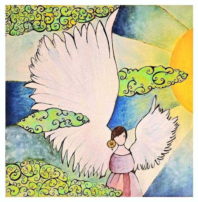 A watercolor and ink illustration of a woman with large white angel wings standing among stylized green clouds, with a bright sun in the background.