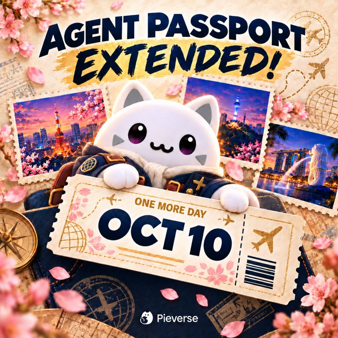 The image shows a cute white cat mascot holding a vintage-styled ticket that reads "ONE MORE DAY OCT 10" against a background featuring Tokyo, Seoul, and Singapore landmarks surrounded by cherry blossoms, with bold text announcing "AGENT PASSPORT EXTENDED!" This visual reinforces the post's message that the Agent Passport campaign deadline has been pushed back one final day to October 10th, giving participants extra time to complete remaining City Missions in Tokyo, Seoul, and Singapore, along with the Pieverse branding at the bottom.