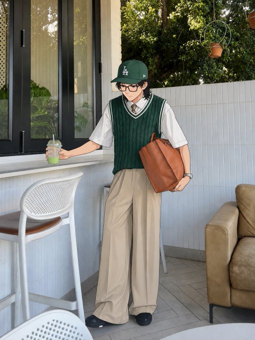 A stylish person wearing a green "LA" cap, green vest, and beige wide-leg pants holds an iced matcha drink and a brown leather tote while posing on an outdoor patio, embodying a casual "gm" vibe that matches the chill, friendly tone of the $RIVER @River4fun post.