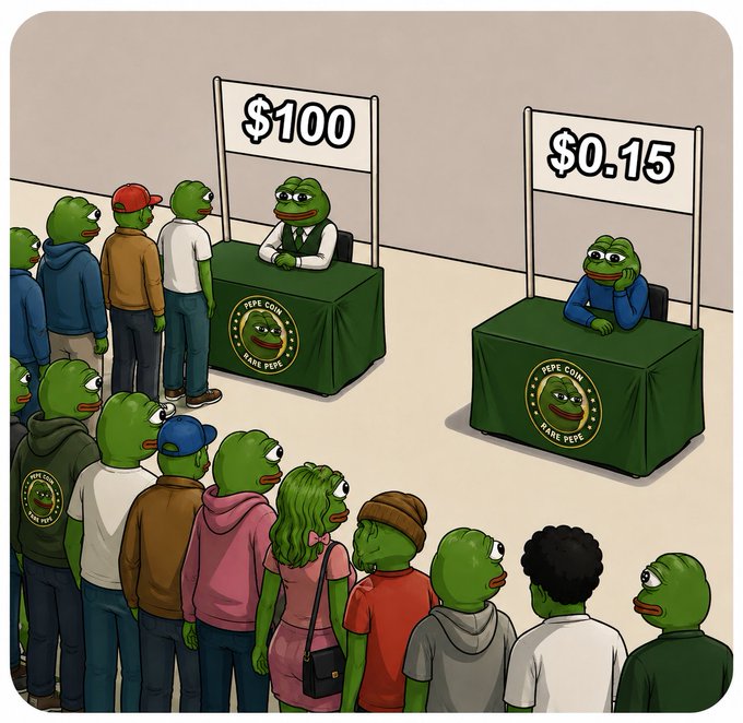 A meme-style cartoon depicting two booths: one selling 'PEPE COIN' for $100 with a long line of frog people waiting, and another selling it for $0.15 with no customers.