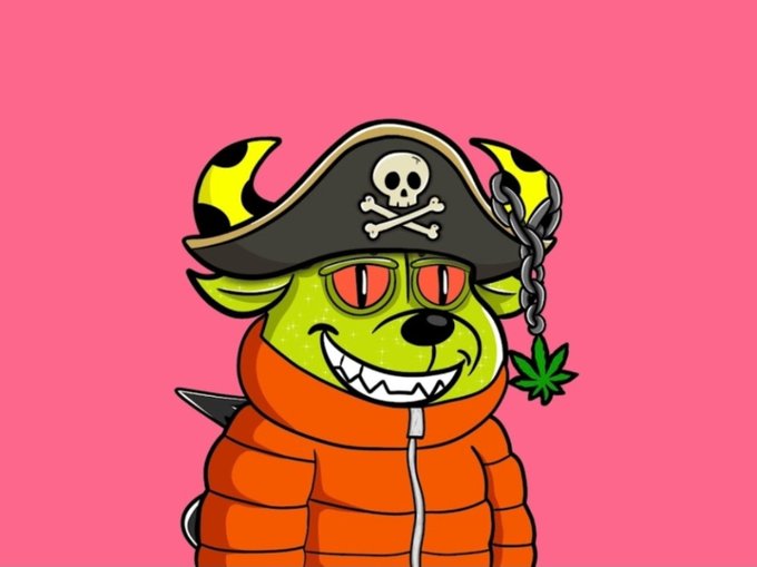 A cartoon illustration depicts a green dog-like character wearing a pirate hat with skull and crossbones, a chain with a marijuana leaf pendant, and an orange puffer jacket against a pink background.
