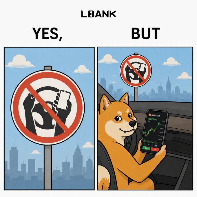 A "Yes, But" meme shows a Shiba Inu dog ignoring a "no phone while driving" sign to check SHIB/USDT on a trading app, humorously promoting LBank's 66,666 USDT giveaway celebrating Shibtoken's 6-year anniversary while encouraging users to pull over before trading.