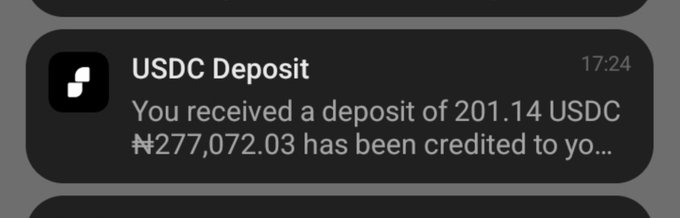 Notification from Phantom wallet showing 'USDC Deposit' at 17:24, stating 'You received a deposit of 201.14 USDC' and '₩277,072.03 has been credited to yo...'.