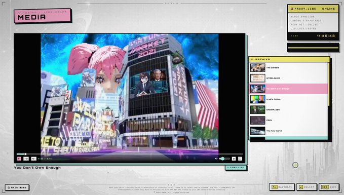 A screenshot of the Media tab on spx6900.com displays a video player featuring the "Virtual Market 2021" Welcome to Shibuya Ku screen, captioned "You Don't Own Enough," alongside an Archive sidebar listing content from creators like Technoblade, Dream, and Valkyrae.