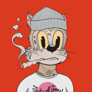 An illustration of a cartoon cat character wearing a gray beanie and smoking a cigarette, set against a red background, with the text "That's all Toons!" visible on its shirt.