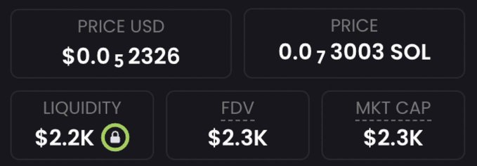 A cryptocurrency dashboard displays token metrics showing a price of $0.052326 USD (0.073003 SOL), with liquidity locked at $2.2K (indicated by a green padlock icon), and both FDV and market cap at $2.3K—matching the post's reference to a memecoin sitting at a 2.3K market cap.