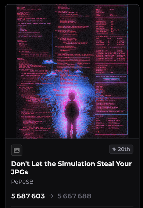 An NFT listing titled 'Don't Let the Simulation Steal Your JPGs' by PePeSB, showing a silhouette figure surrounded by pink and blue digital glitch effects and code, currently ranked 20th with a price of 5,687,603 (down to 5,667,688).
