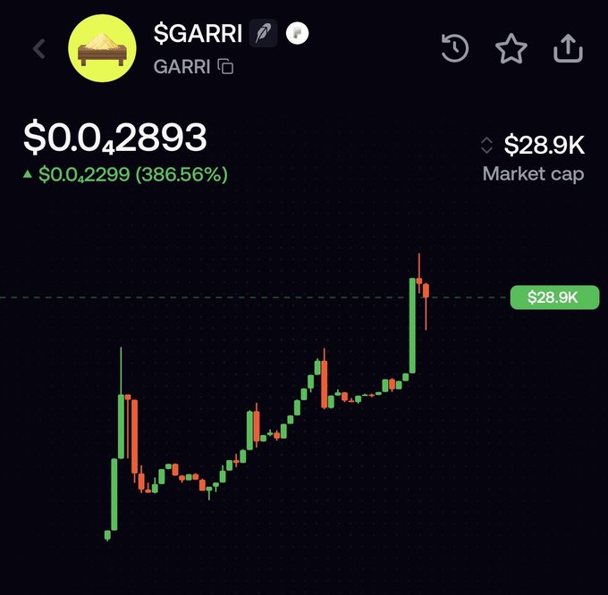A cryptocurrency price chart for $GARRI showing a current price of $0.042893, up 386.56% from $0.042299, with a market cap of $28.9K.