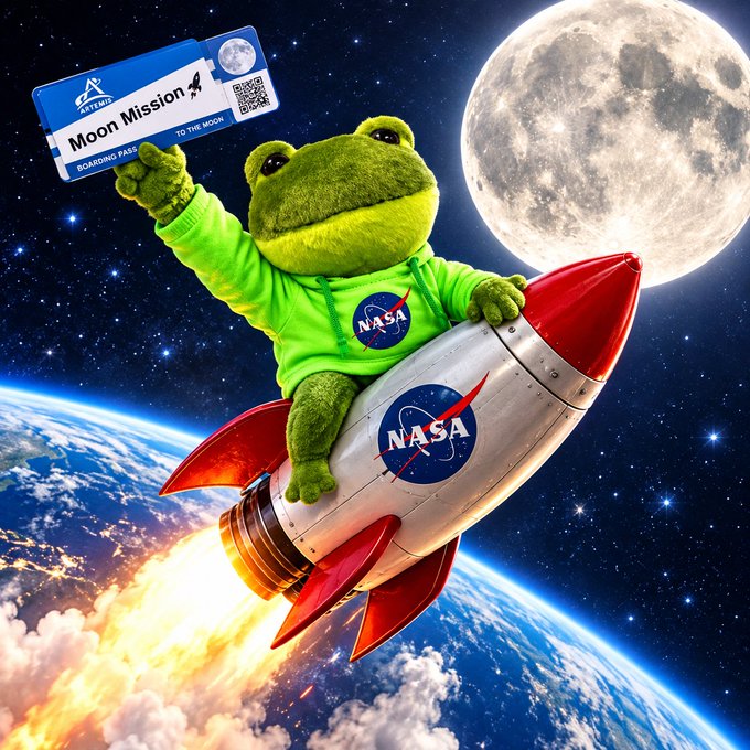An AI-generated image of a green frog wearing a NASA hoodie riding a NASA-branded rocket toward the moon, holding a 'Moon Mission' boarding pass.