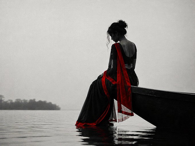 A woman in a black and red traditional dress sits on the edge of a dark wooden boat on a body of water, with her dress trailing into the gentle ripples against a hazy, pale sky.