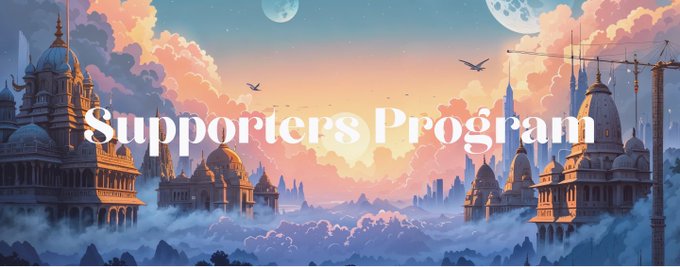 A dreamy fantasy cityscape with floating temples, domes, and construction cranes beneath two moons features the text "Supporters Program," visually representing the building and collaboration theme of Devcon's call for projects that uphold Ethereum's core principles.