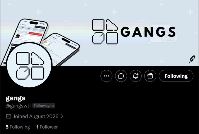 The image shows the X (Twitter) profile page for "gangs" (@gangswtf), displaying their pixelated four-square logo and the username "GANGS" against a light blue background with phone mockups. The profile shows it was joined in August 2026 and currently has just 1 follower, aligning with the post's description of an early alpha launchpad memecoin project built on the Robinhood App chain.