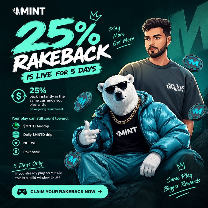 An advertisement for '$MINT' offering '25% RAKEBACK IS LIVE FOR 5 DAYS' with a 'CLAIM YOUR RAKEBACK NOW' button, featuring an illustration of a polar bear in sunglasses and a gold chain alongside a man.