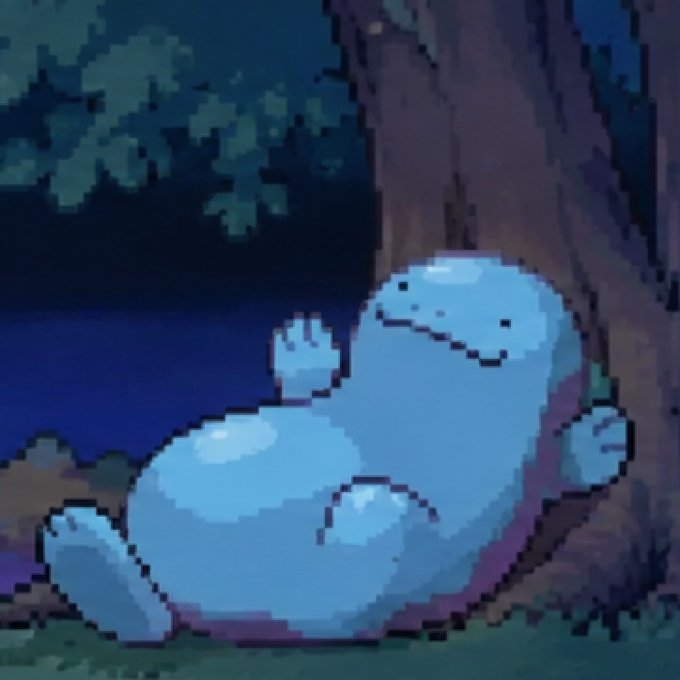 A pixel art illustration of a round, blue, blob-like creature with a happy face, lounging against a tree trunk at night.