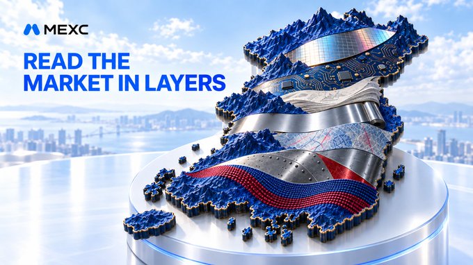A MEXC promotional banner reading 'READ THE MARKET IN LAYERS' features a layered 3D topographical map of South Korea with textured blue, silver, and red surfaces.