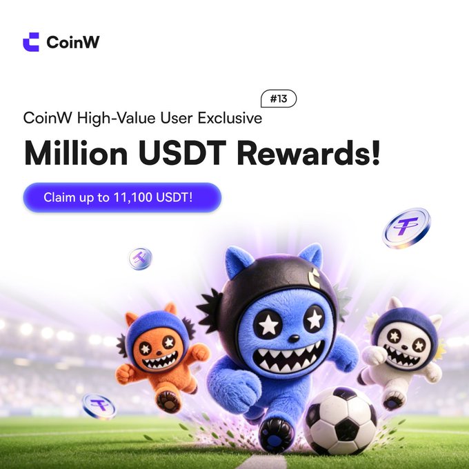 A CoinW promotional image titled "CoinW High-Value User Exclusive Million USDT Rewards! #13" featuring blue mascot characters playing soccer, offering users the chance to "Claim up to 11,100 USDT" through deposit challenges and volume sprints tied to the World Cup theme referenced in the post.