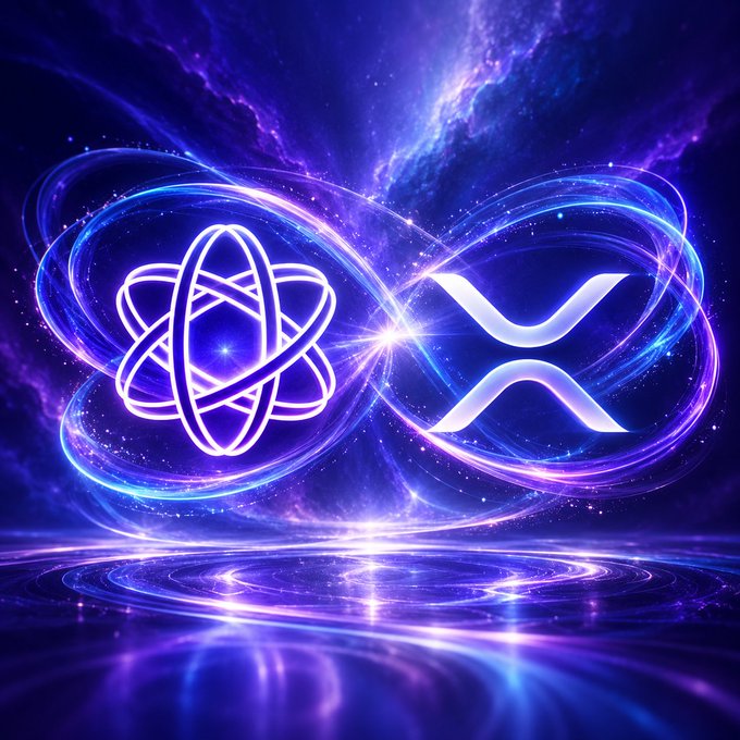 A digital artwork featuring the logos of Hedera (HBAR) and XRP against a vibrant cosmic background with swirling purple and blue energy waves.