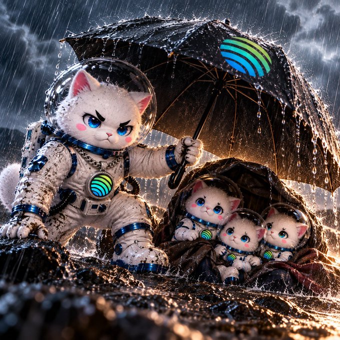 A whimsical digital illustration of a cat in a spacesuit holding an umbrella with a JUPCAT logo, sheltering three small kittens from heavy rain.