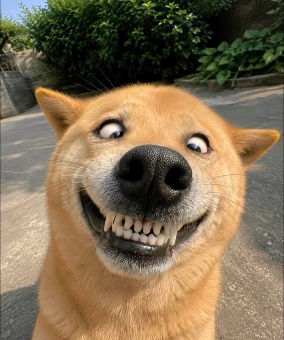 A humorous close-up photo shows a tan Shiba Inu dog with comically wide, crossed eyes and a broad, teeth-baring grin.
