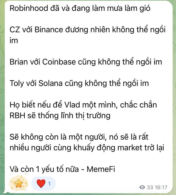 A Vietnamese social-media post speculates that Robinhood, Binance’s CZ, Coinbase’s Brian, Solana’s Toly, and MemeFi may jointly influence or revive the crypto market.