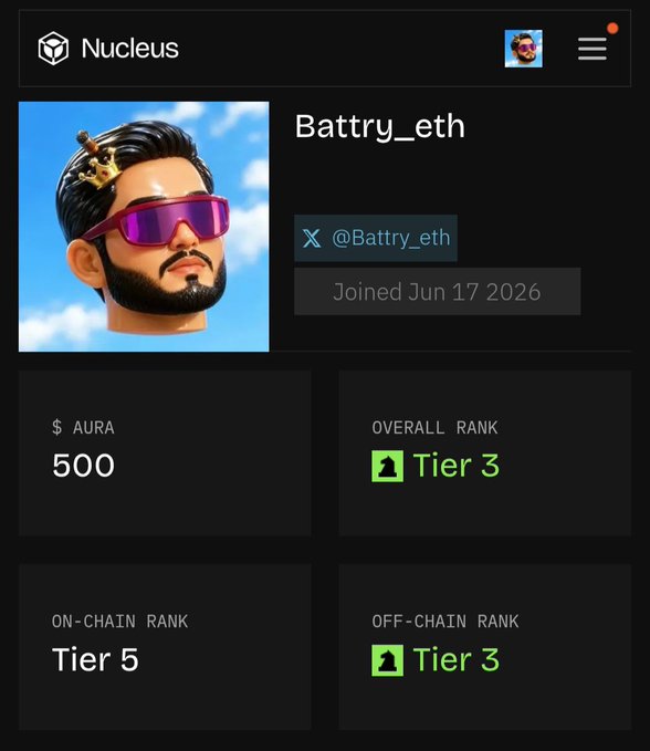A Nucleus profile page for "Battr_eth" with handle "@Battr_eth," showing 500 AURA, Overall Rank Tier 3, On-Chain Rank Tier 5, and Off-Chain Rank Tier 3.