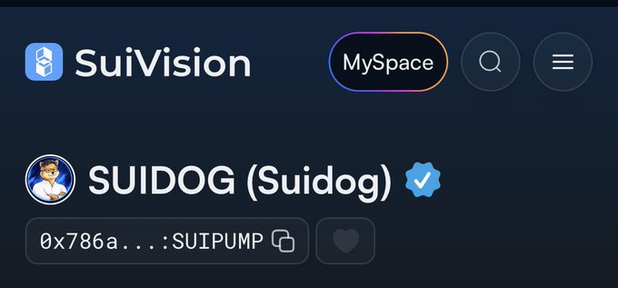 A screenshot of a SuiVision profile page showing 'MySpace' button and a 'SUIDOG (Suidog)' account with the address starting '0x786a...:SUIPUMP'.