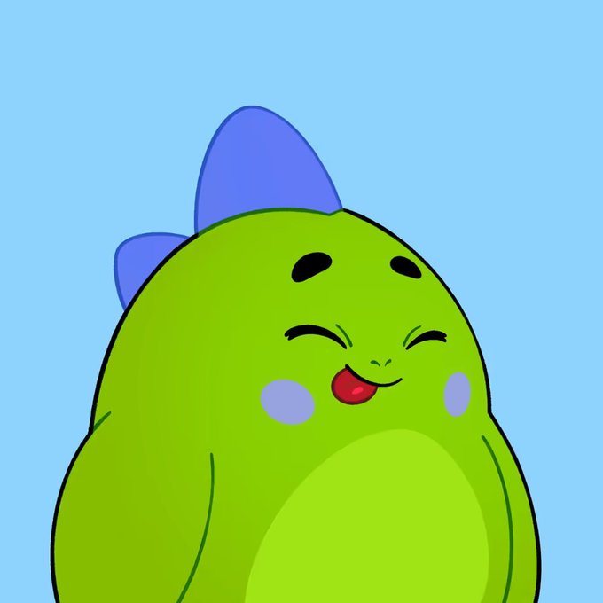 A cute cartoon illustration of a green dinosaur-like character with a purple bow on its head, smiling with closed eyes and a small red tongue sticking out, against a light blue background.