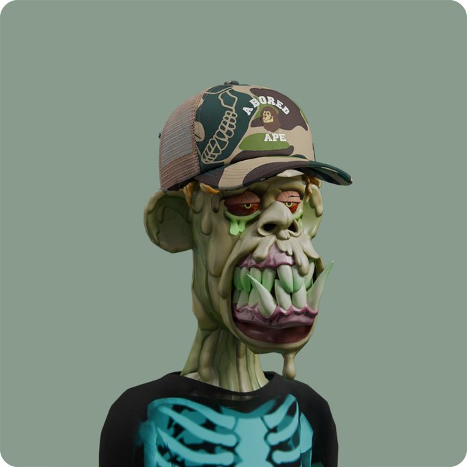 A 3D rendering of a grotesque zombie-like ape character wearing a camouflage 'ABORED APE' trucker hat and a black shirt with a blue skeleton design.
