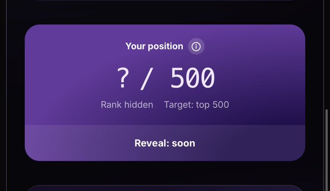 A screenshot showing a hidden waitlist ranking card with "? / 500" position display, "Rank hidden" and "Target: top 500" text, plus a "Reveal: soon" message, related to the Jumper Airdrop waitlist where users connect their X account to check their position ahead of the Q4 TGE and airdrop.
