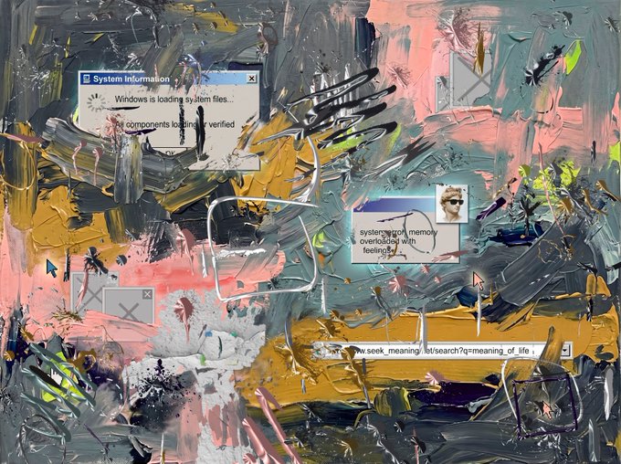 An abstract mixed-media artwork combining thick textured paint strokes with retro Windows error dialog boxes, including text like 'Windows is loading system files...' and a search bar reading 'new.seek 'meaning' &\search?q=meaning_of_life'.