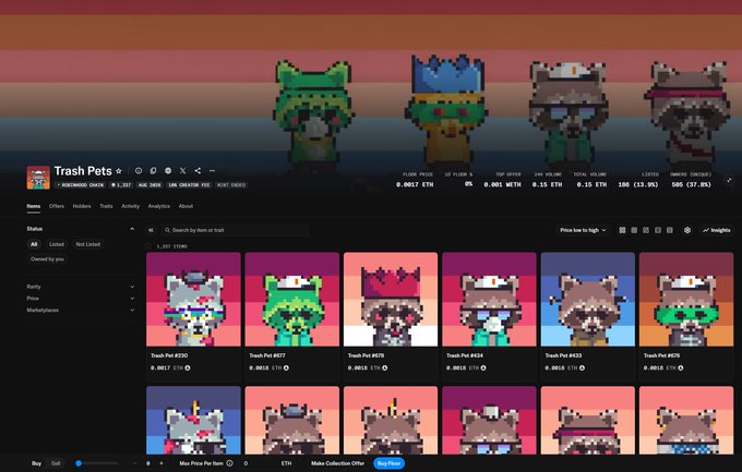 OpenSea NFT marketplace page for 'Trash Pets' collection displaying pixel art bear-trash characters with floor price 0.0017 ETH.