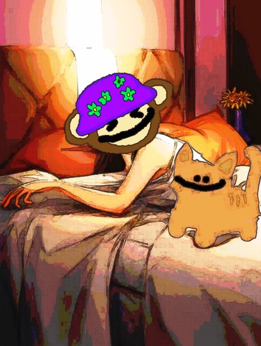 A cartoon-style painting of a figure wearing a purple bandana with green flowers and a cat, both with wide smiles, lying on a bed in a warmly lit room.