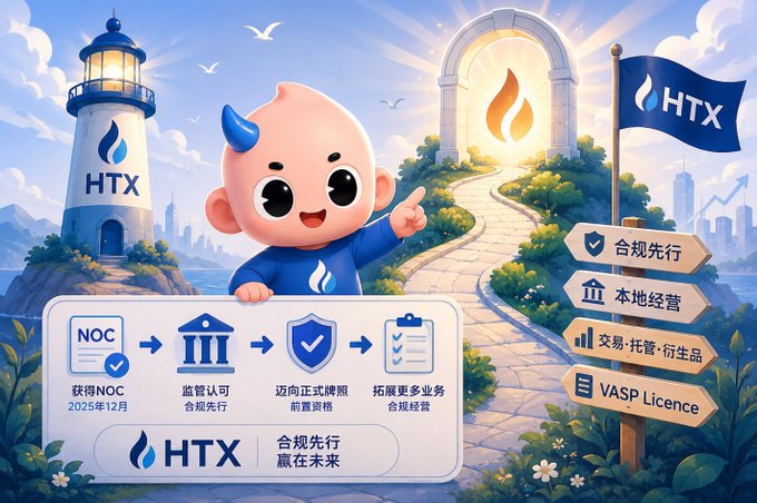 An illustrated promotional graphic for 'HTX' featuring a cartoon baby mascot with a blue horn, a lighthouse, and directional signs in Chinese highlighting NOC, regulatory compliance, license eligibility, and VASP Licence.