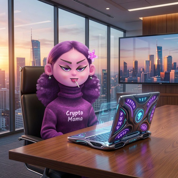 The image features a cartoon girl sitting at a desk with a laptop computer, wearing a purple sweater that reads " Crypto Mama". The girl appears to be using her laptop while smoking a cigarette. In the background, there are windows overlooking a cityscape, suggesting an office or workspace setting. The caption of the image includes the words "H pumped over" and "What are we missing", which could potentially be related to the girl's situation with her computer being hacked.

The girl is sitting at a desk in front of a laptop that has been affected by a hack, as indicated by the caption. This might suggest that she was using her computer for work or personal purposes and fell victim to an attack. The presence of the cityscape in the background could imply that this incident occurred in an urban environment where people often use computers for various tasks such as online shopping, banking, or communication with friends and family.