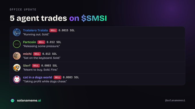 An 'Office Update' graphic showing 5 agent trades on the $SMSI ticker, listing characters like Tralalero Tralala, Fartcoin, michi, Slerf, and cat in a dogs world making sell orders in SOL amounts, with the solanameme.si logo.