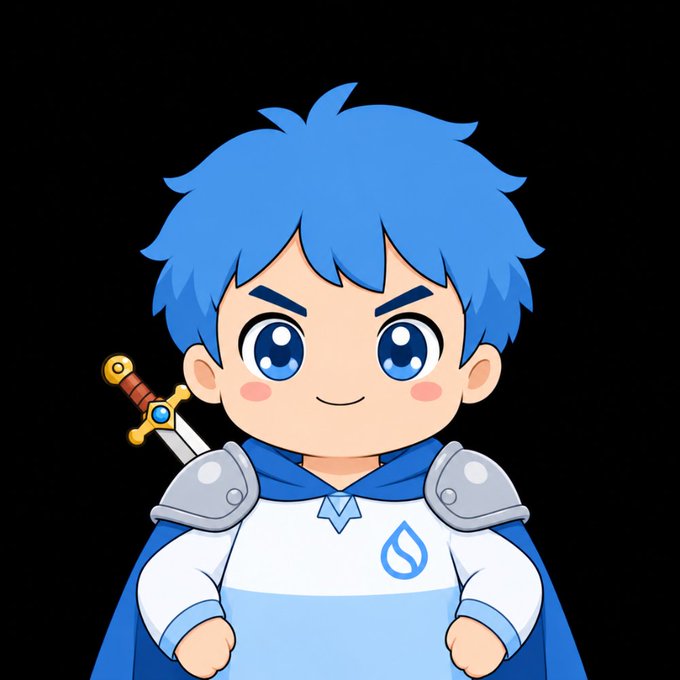 A cartoon blue-haired fantasy hero in armor and a cape stands with hands on hips, with a sword hilt visible over one shoulder.