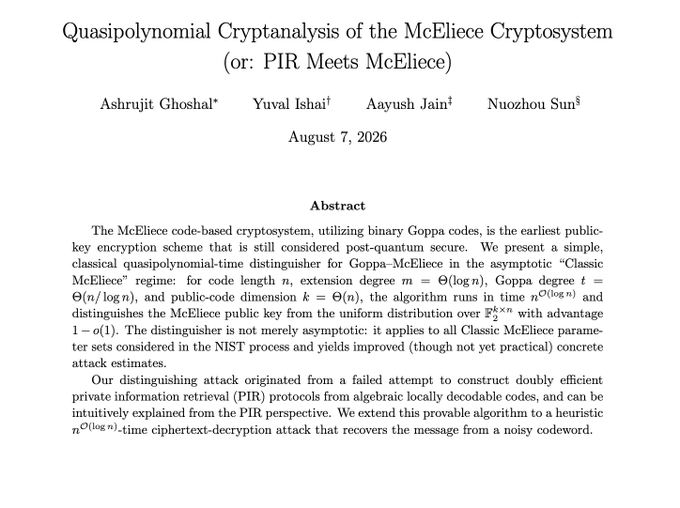 The image shows the title page of a research paper titled "Quasipolynomial Cryptanalysis of the McEliece Cryptosystem (or: PIR Meets McEliece)" by Ashrujit Ghoshal, Yuval Ishai, Aayush Jain, and Nuozhou Sun, dated August 7, 2026. The abstract describes a classical quasipolynomial-time distinguisher that runs in time n^O(log n) and distinguishes the McEliece public key from uniform, applicable to all Classic McEliece parameter sets considered in the NIST process.

This relates to the post by highlighting the paper's key finding: a non-practical but theoretically significant attack that demonstrates why diversifying post-quantum cryptographic standards beyond a single family is prudent.