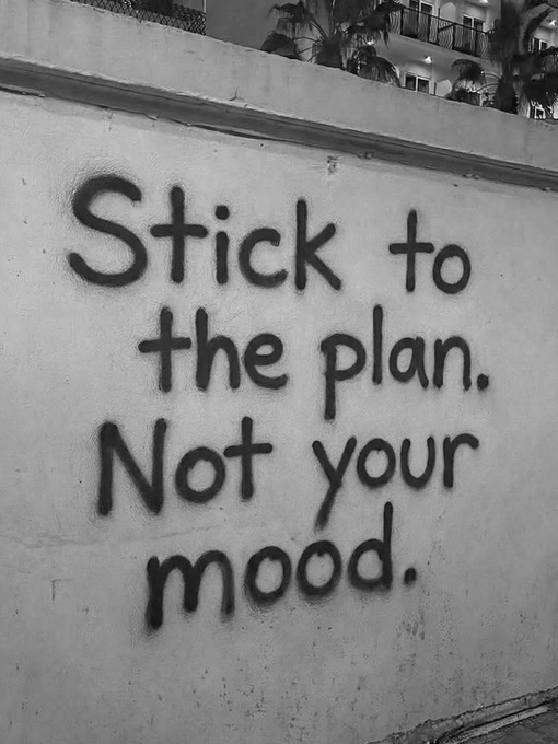 Black and white photo of graffiti on a white wall reading 'Stick to the plan. Not your mood.' with buildings and palm trees visible in the background.