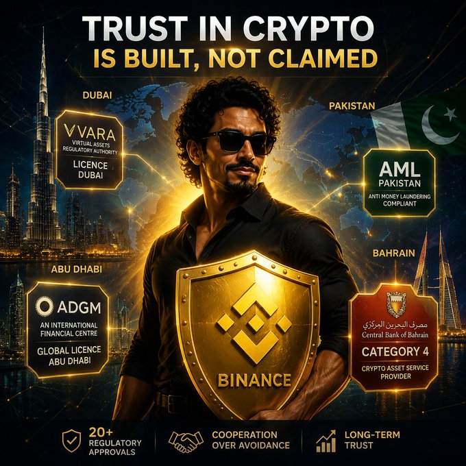 A promotional banner reading 'TRUST IN CRYPTO IS BUILT, NOT CLAIMED' featuring a man holding a Binance shield, surrounded by regulatory badges for Dubai (VARA), Pakistan (AML), Abu Dhabi (ADGM), and Bahrain.