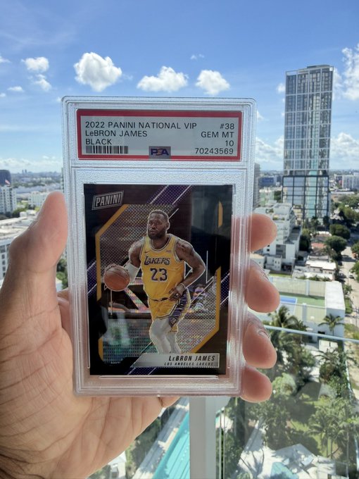 A hand holds up a PSA 10 graded LeBron James Panini National VIP basketball card (#38/5), with the label reading "LeBron James, Black Parallel, GEM MT 10, 70243569," against a sunny city skyline backdrop showcasing the rare Lakers collectible arriving at Collector Crypt's vault.