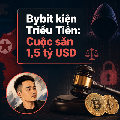 A Vietnamese-language news graphic titled 'Bybit kiện Triều Tiên: Cuộc săn 1,5 tỷ USD' (Bybit sues North Korea: The hunt for 1.5 billion USD), featuring a gavel, Bitcoin/Ethereum coins, a hooded hacker figure, and a portrait of Bybit CEO Ben Zhou.