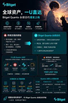 Bitget promotional poster for 'Bitget Quanto' perpetual contract launches, featuring Chinese text '全球资产，一U直达' and listing assets like USDT/USD and MINMAXX.