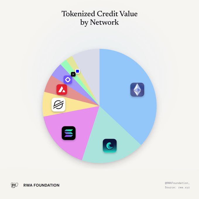 A pie chart titled 'Tokenized Credit Value by Network' from the RWA Foundation displays the distribution of tokenized credit across various blockchain networks including Ethereum (the largest share), with the source listed as rwa.xyz.