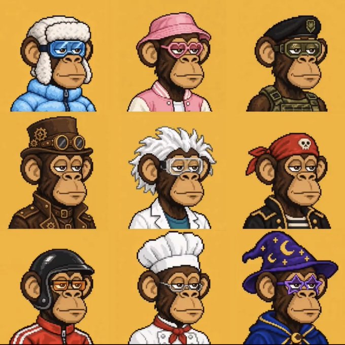A 3x3 grid of cartoon monkey illustrations on a yellow background, depicting various characters including a chef, scientist, pirate, soldier, and a wizard.