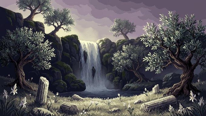 A pixel art landscape featuring a central waterfall cascading into a pool, flanked by moss-covered rocky cliffs, olive trees, scattered ancient ruins, and small white flowers in the foreground under a dusky purple sky.